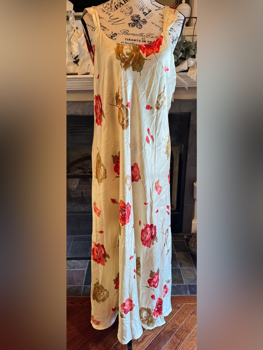 VTG Natori Satin Floral Maxi Slip Dress Rose Print Chemise Nightgown Large 90s